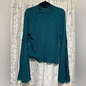 Shyanne Ribbed Teal Knit Mock Neck Bell Sleeve Top